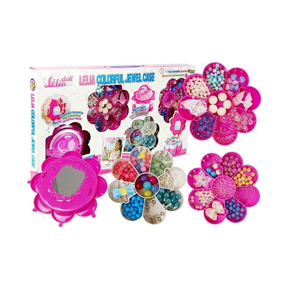 Różowo-białe pudełko kwiat z koralikami do biżuterii dla dzieci