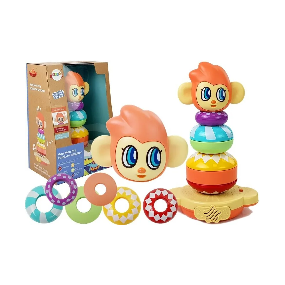 Kolorowa piramidka edukacyjna z motywem małpki i pierścieniami