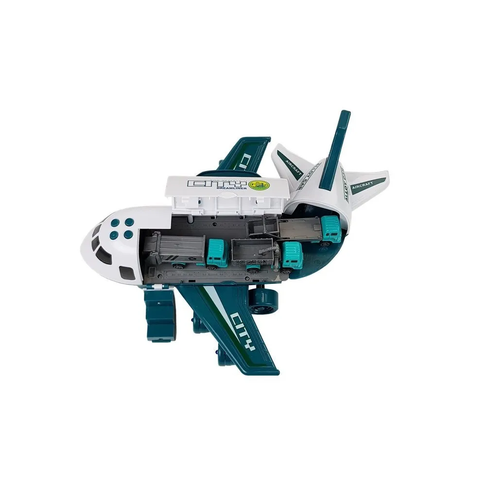 Samolot zabawkowy z autkami 1:64 i znakami drogowymi, widok z boku