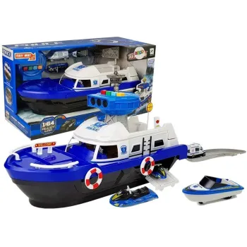 Policyjna łódź transportowa z autkami i efektami świetlnymi na podłodze