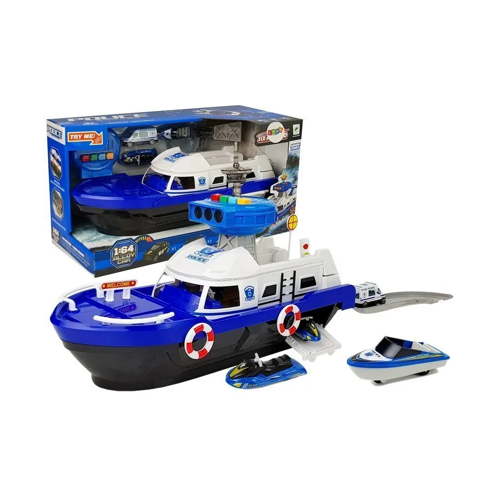 Policyjna łódź transportowa z autkami i efektami świetlnymi na podłodze