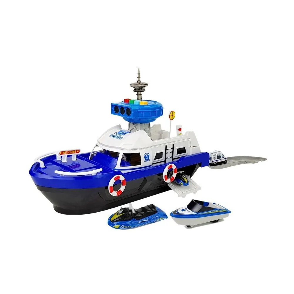 Zestaw łódź policyjna, autko, skuter i znaki drogowe dla dzieci