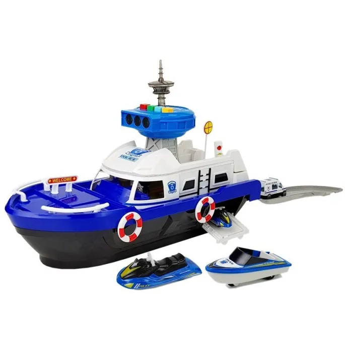 Zestaw łódź policyjna, autko, skuter i znaki drogowe dla dzieci