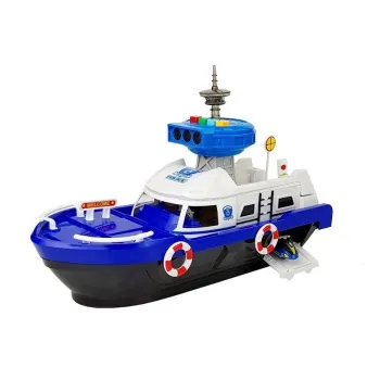 Policyjna łódź transportowa z niebiesko-białymi detalami i kołami ratunkowymi