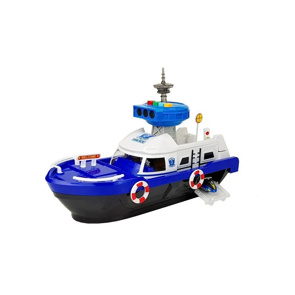 Policyjna łódź transportowa z niebiesko-białymi detalami i kołami ratunkowymi