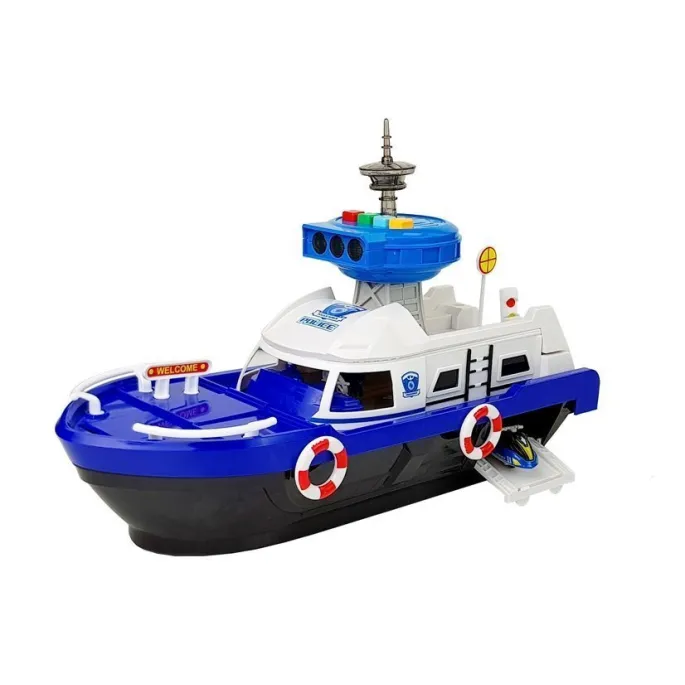 Policyjna łódź transportowa z niebiesko-białymi detalami i kołami ratunkowymi