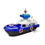 Policyjna łódź transportowa z niebiesko-białymi detalami i kołami ratunkowymi