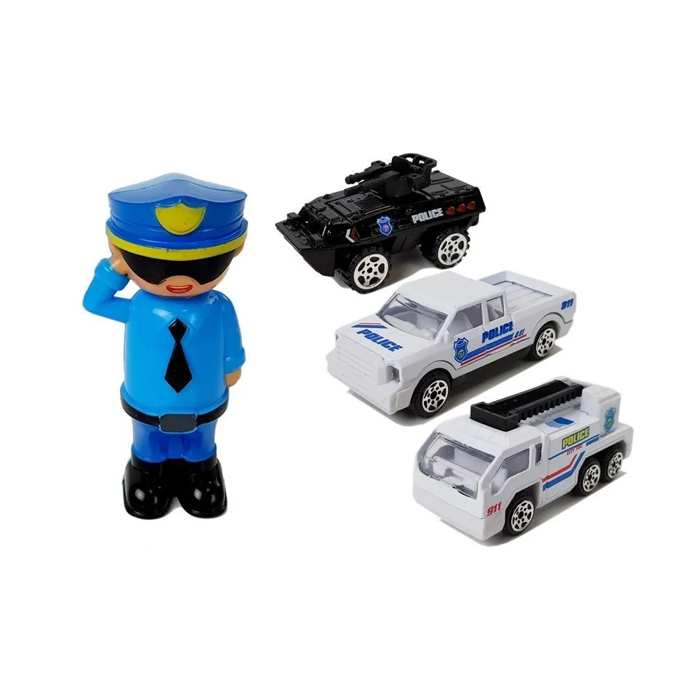 Figurka policjanta i trzy metalowe policyjne autka w zestawie