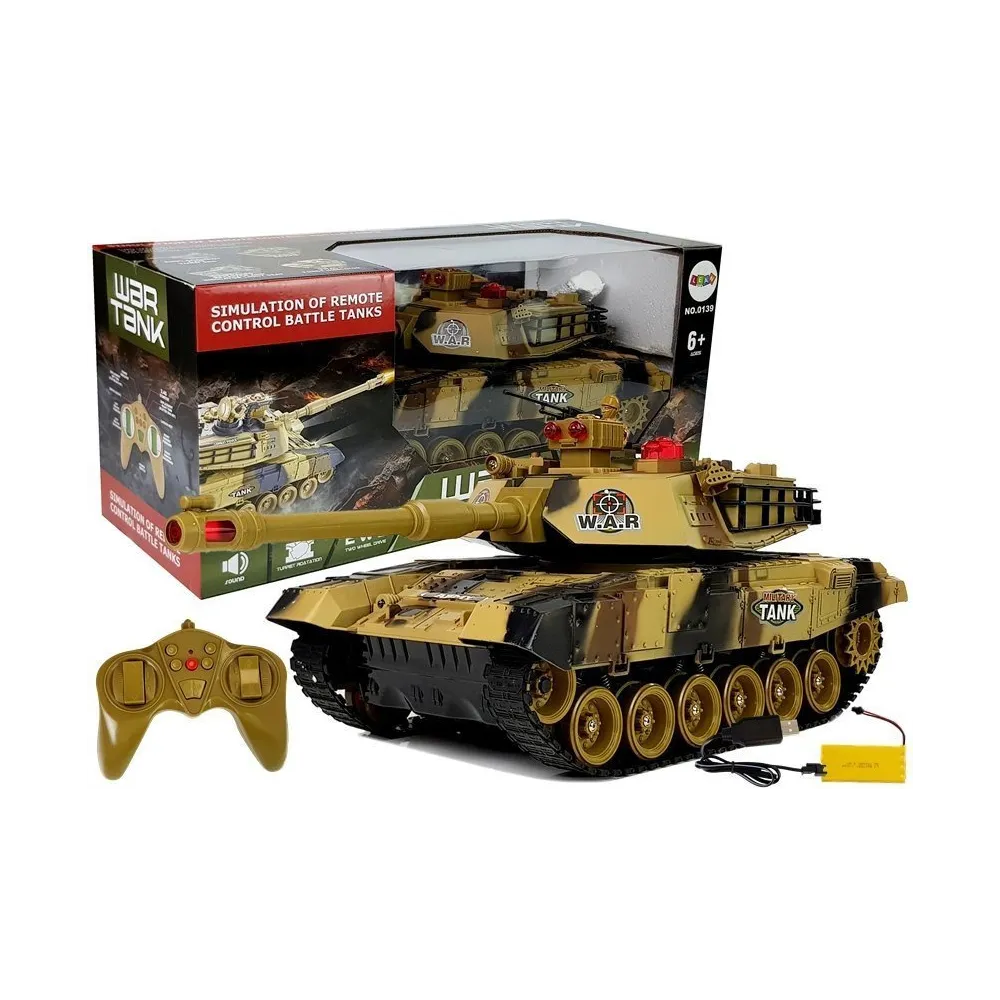 Duży czołg RC w żółtym kolorze z pilotem i efektami świetlnymi