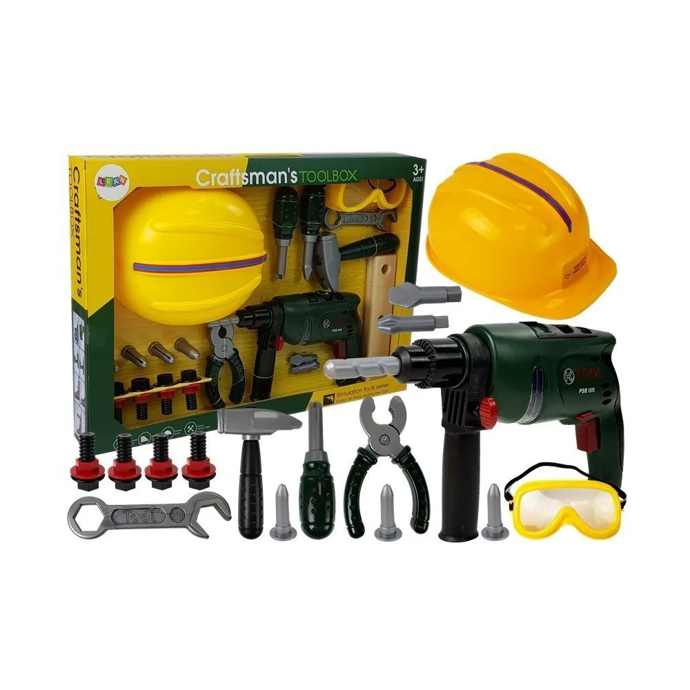 Zestaw narzędziowy dla dzieci z wiertarką na baterie i kaskiem ochronnym