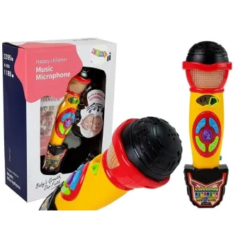 Żółto-czarny mikrofon karaoke dla dzieci, widok z przodu na tle białym