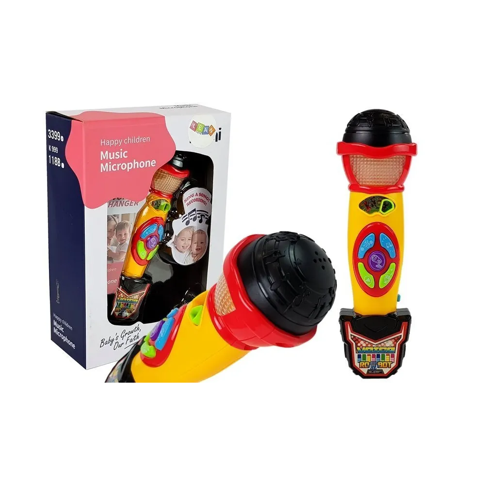 Żółto-czarny mikrofon karaoke dla dzieci, widok z przodu na tle białym