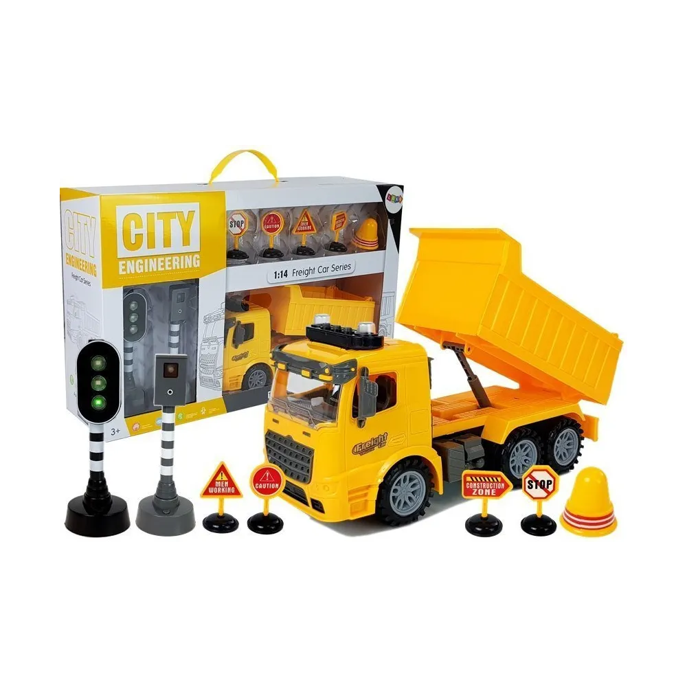 Żółta wywrotka 1:14 z sygnalizatorem i fotoradarem dla dzieci