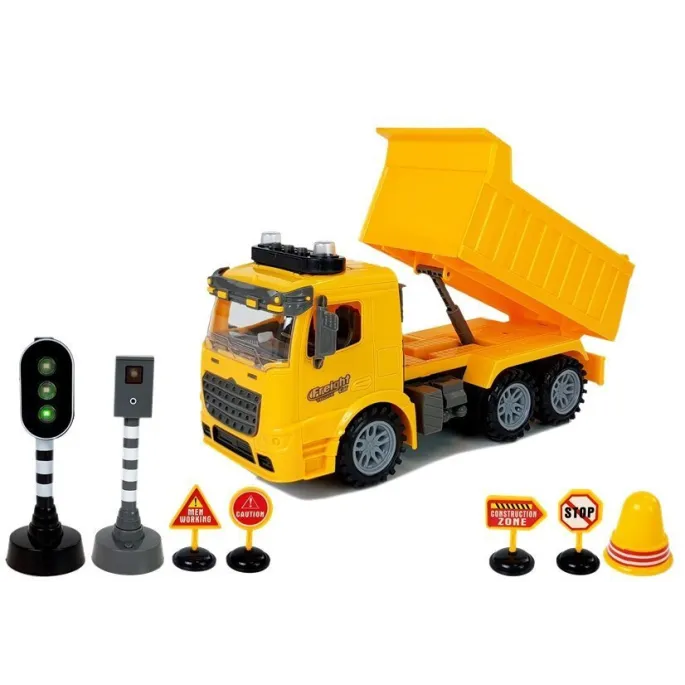Realistyczny zestaw budowlany z ruchomą wywrotką i znakami drogowymi