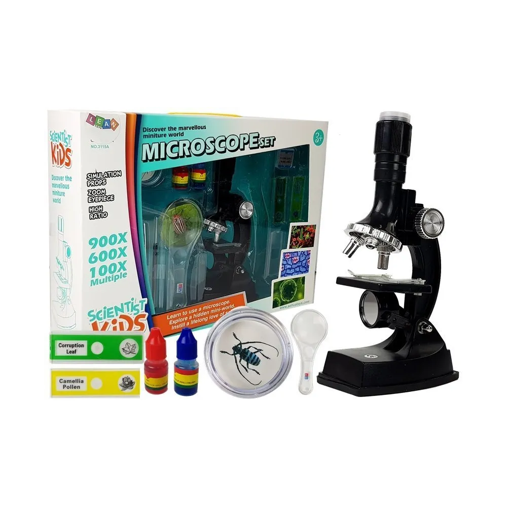 Czarny mikroskop edukacyjny dla dzieci z zestawem przyrządów