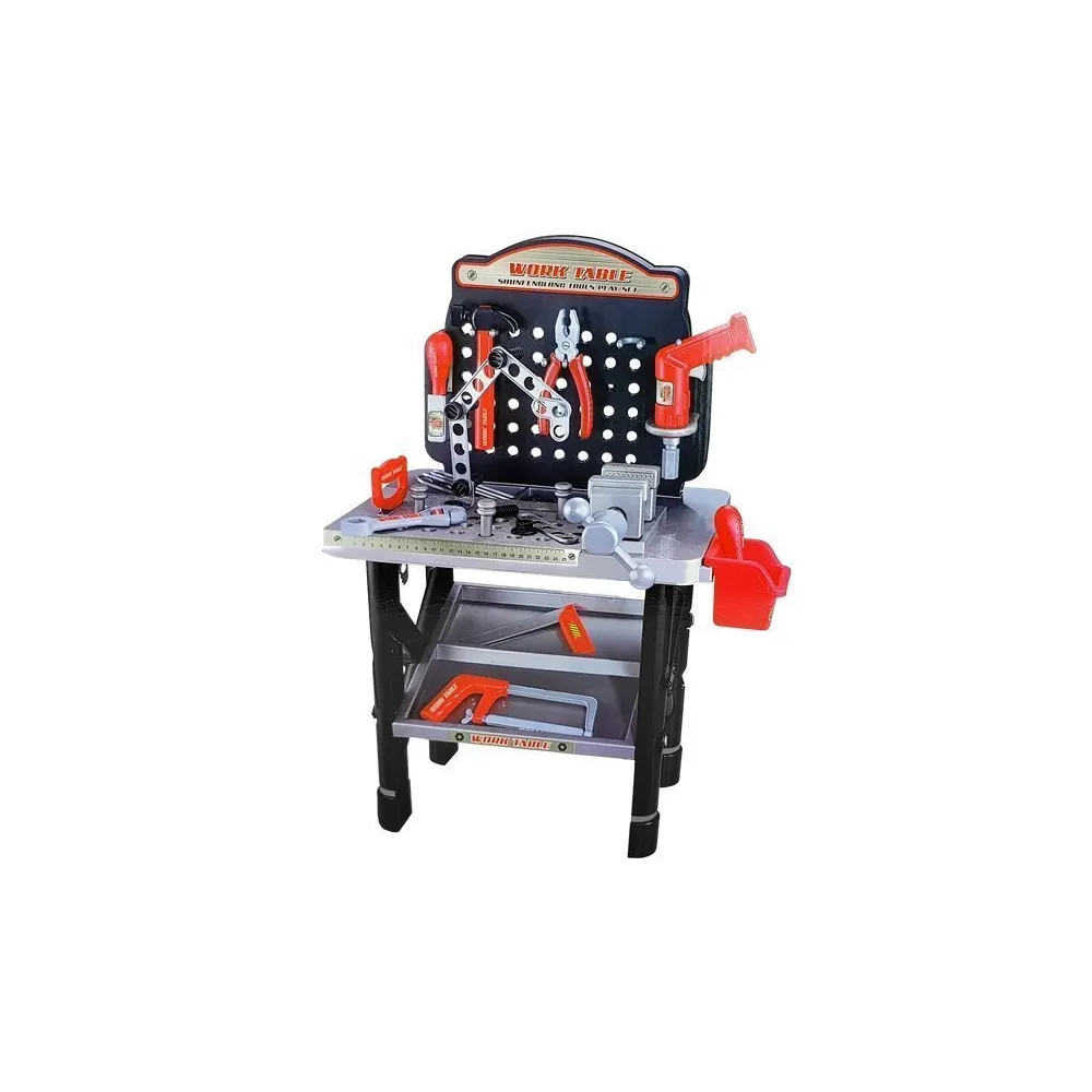 Kolorowy zestaw 55 elementów z warsztatem, piłami i młotkiem