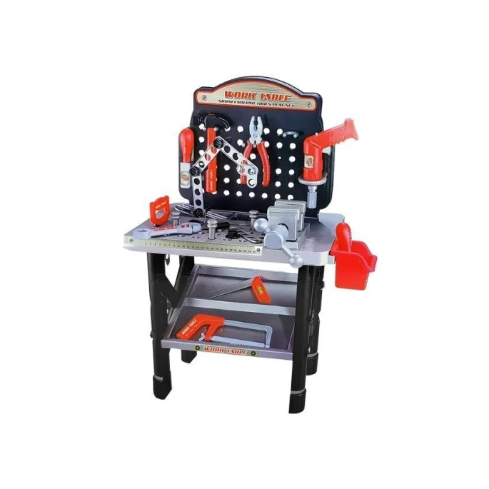 Kolorowy zestaw 55 elementów z warsztatem, piłami i młotkiem