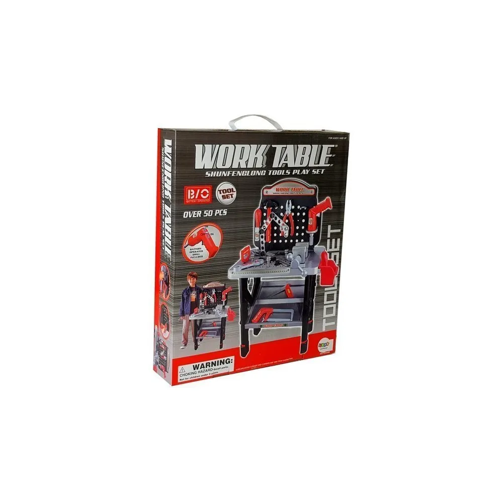 Estetyczny, granatowo-czerwony warsztat do zabawy i nauki manualnej