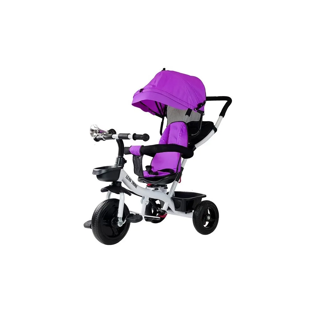 Rower trójkołowy PRO300 fioletowy dla dzieci z daszkiem UV w ogrodzie