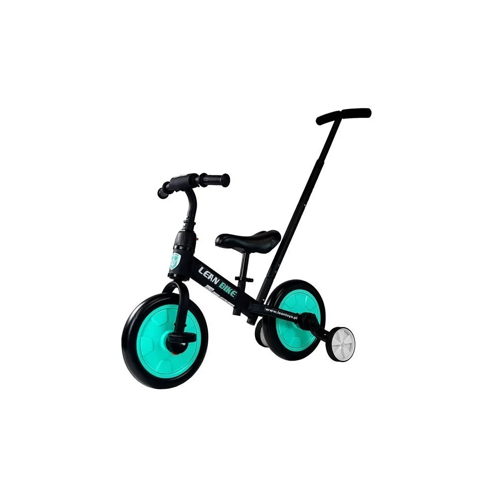 Trójkołowy rowerek biegowy 3w1 w kolorze czarno-miętowym na tle jasnym