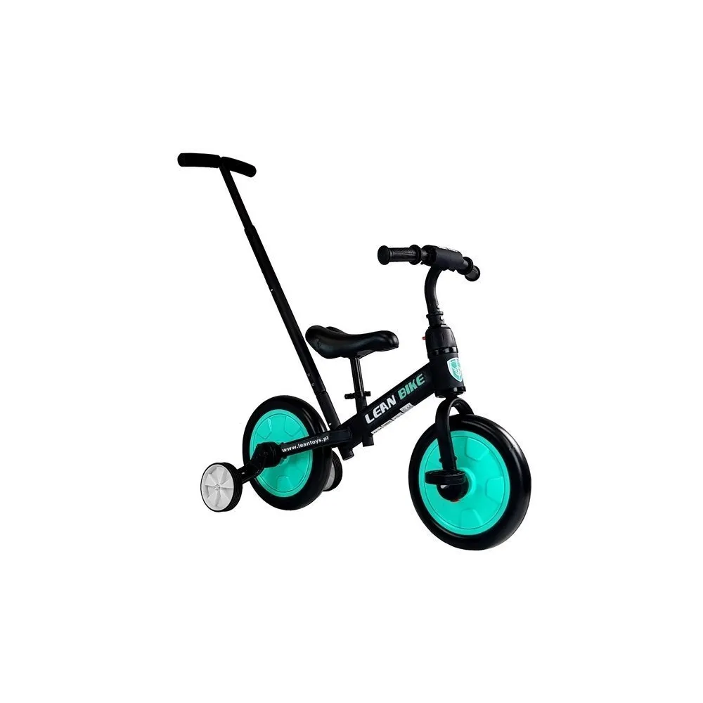 Czarno-miętowy rower biegowy trójkołowy z regulowanymi elementami