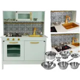 Drewniana kuchnia Emma miętowa z nierdzewnymi akcesoriami dla dzieci