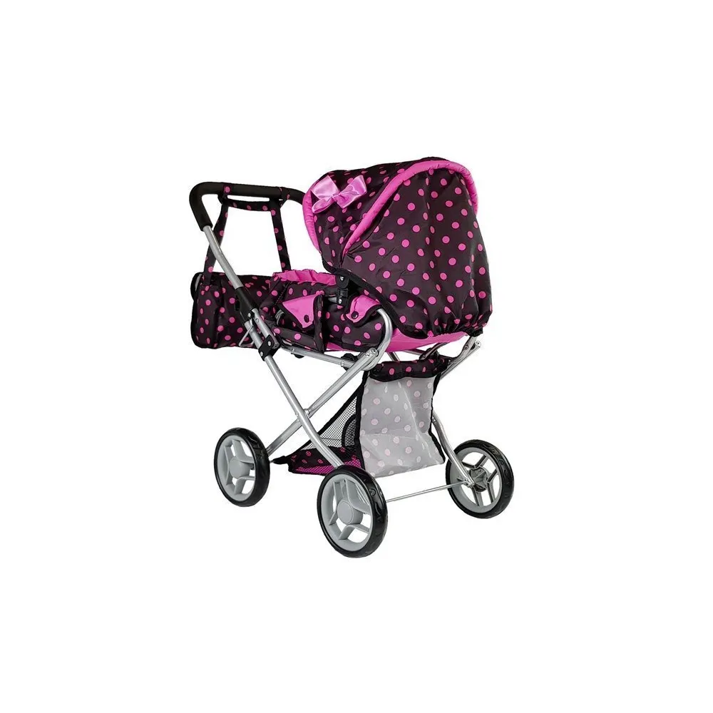 Wózek dla lalek z aluminiową ramą i różowymi zdobieniami w groszki