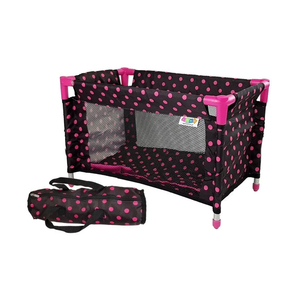 Czarno-różowe łóżeczko dla lalek Alice z kołderką i poduszką