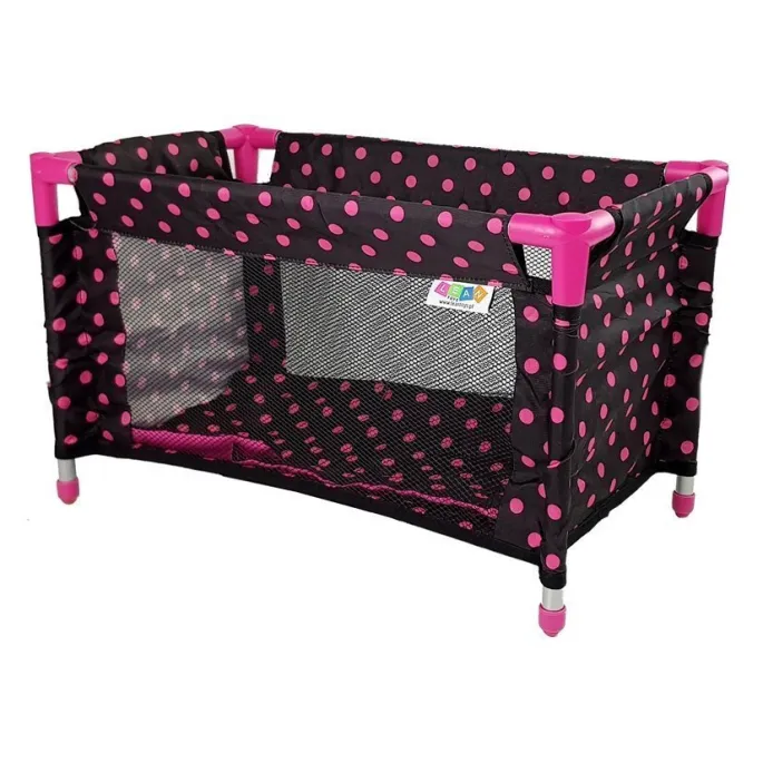 Łóżeczko Alice dla lalek w czarne tło z różowymi kropkami – widok z boku