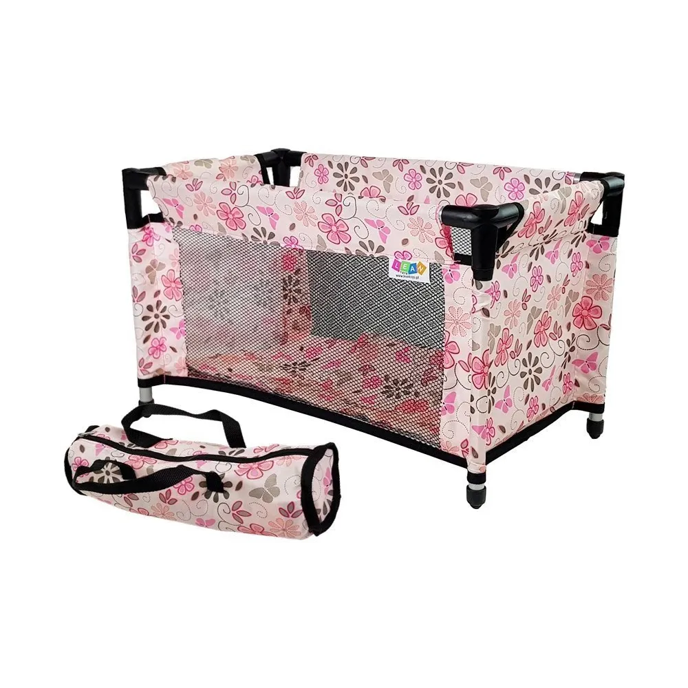 Łóżeczko dla lalek Alice różowe z kwiatowym wzorem na tle białym