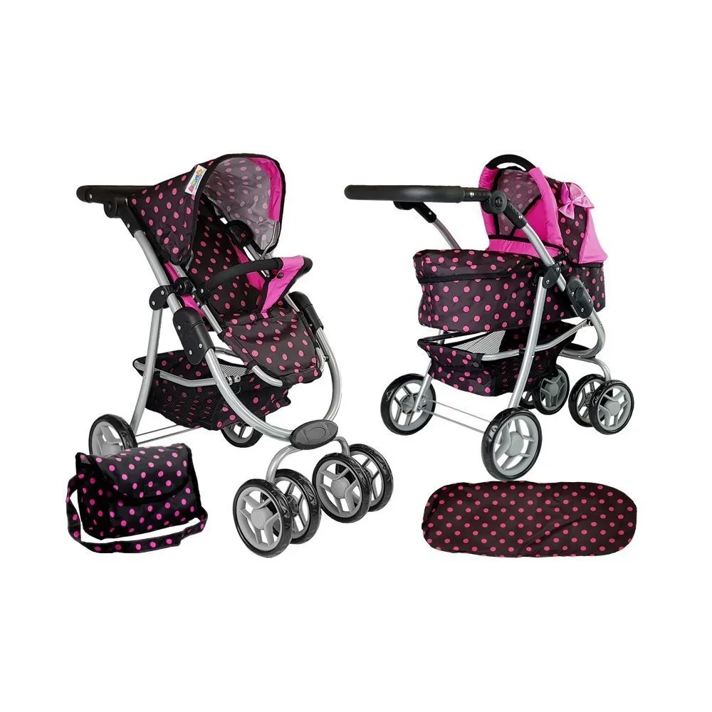 Czarno-różowy wózek spacerówka 2 w 1 z torbą dla lalek