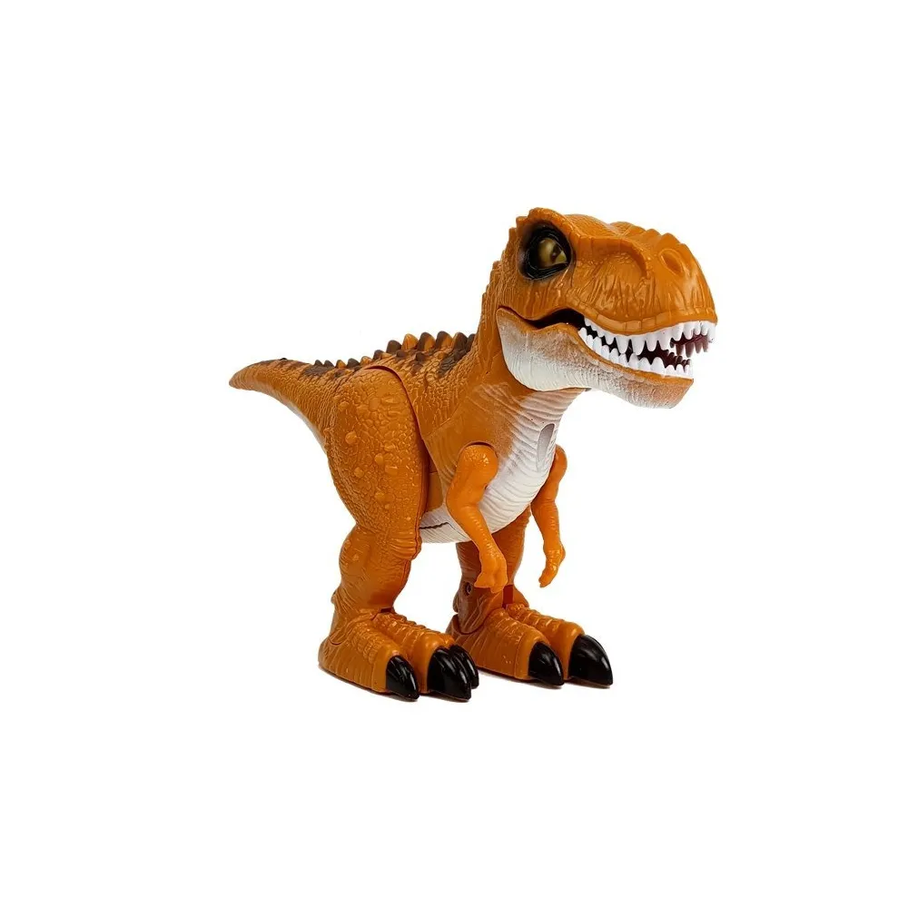 Zbliżenie na ruchomą paszczę oraz kończyny zdalnie sterowanego dinozaura