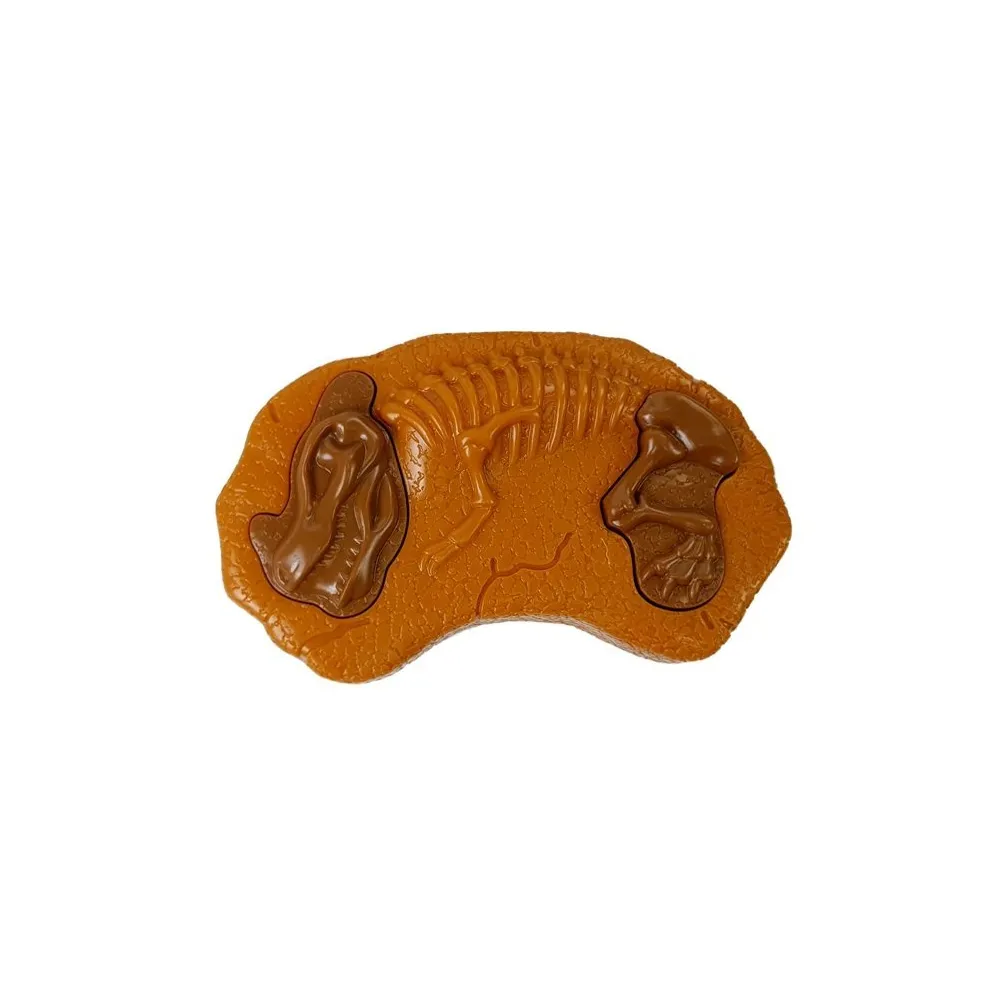 Brązowy dinozaur z czerwonymi, świecącymi oczami na tle białym