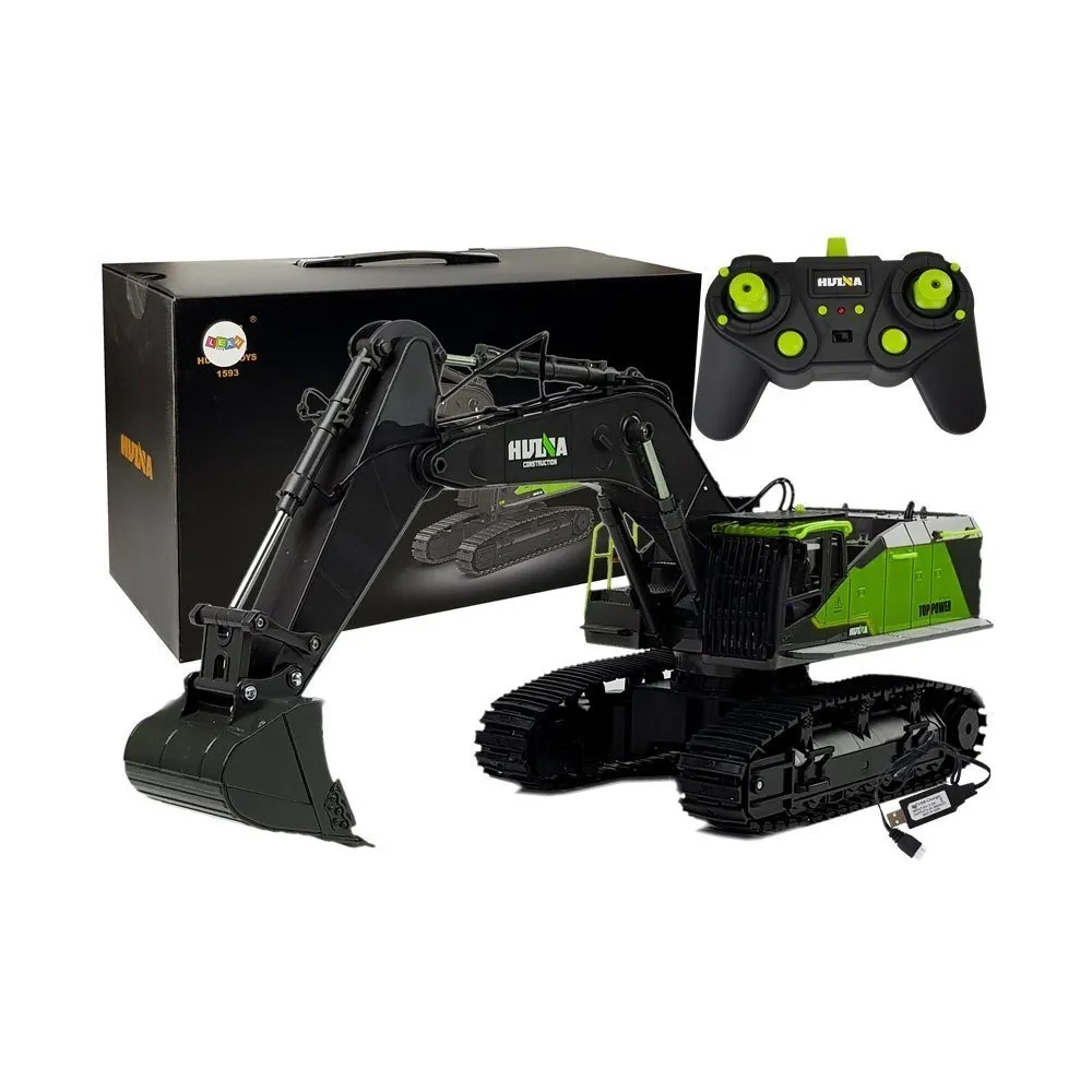 Model zielonej koparki HuiNa 1593 R/C na białym tle