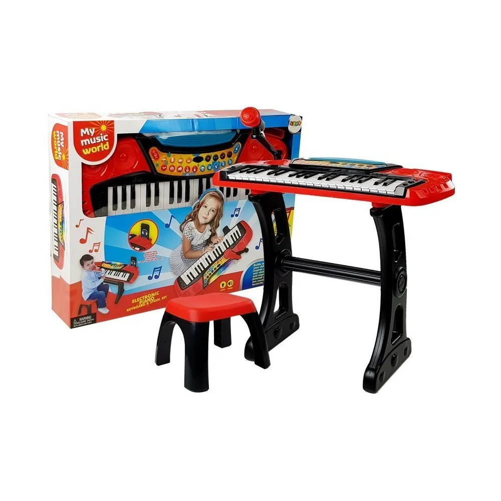 Czerwony keyboard dziecięcy z 37 klawiszami na statywie i krzesełkiem