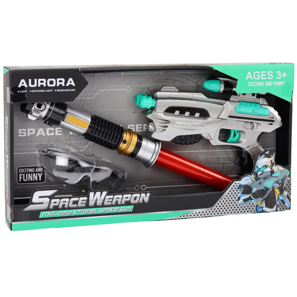 Miecz świetlny i pistolet w zestawie z okularami ochronnymi, idealny na prezent