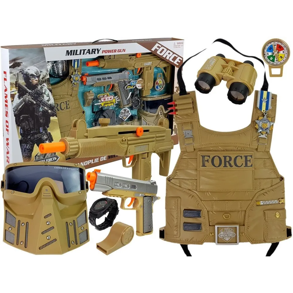 Zestaw wojskowy z bronią, maską, kamizelką i kompasem dla dzieci
