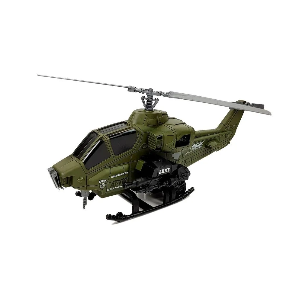 Realistyczny helikopter zabawkowy z ruchomymi śmigłami na tle białym