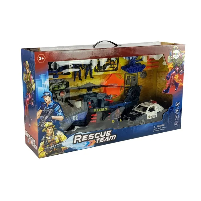 Trampolina i broń zabawkowa jako dodatki do zestawu policyjnego