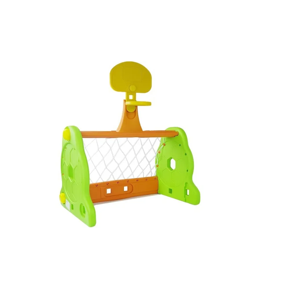 dziecięca bramka z siatką i zestawem do koszykówki w zielonym i pomarańczowym kolorze