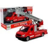 Czerwona zabawkowa straż pożarna na baterie z ruchomą drabiną i wężem