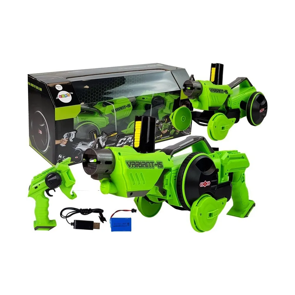 Zielony pistolet wyrzutnia z piankowymi krążkami dla dzieci