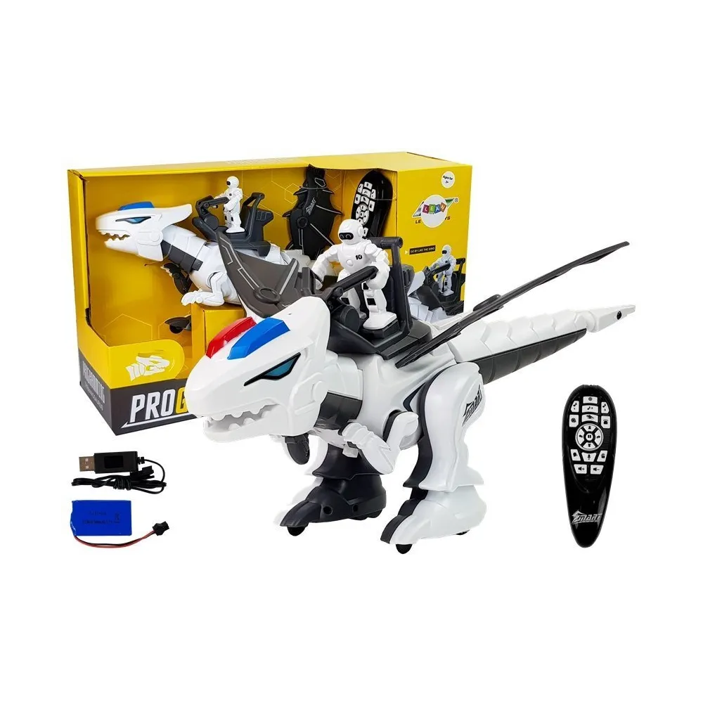 Interaktywny robot Tyranozaur biały podczas zdalnej zabawy dla dzieci