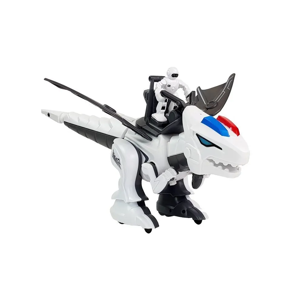 Biały robot dinozaur z pilotem dla najmłodszych miłośników prehistorii