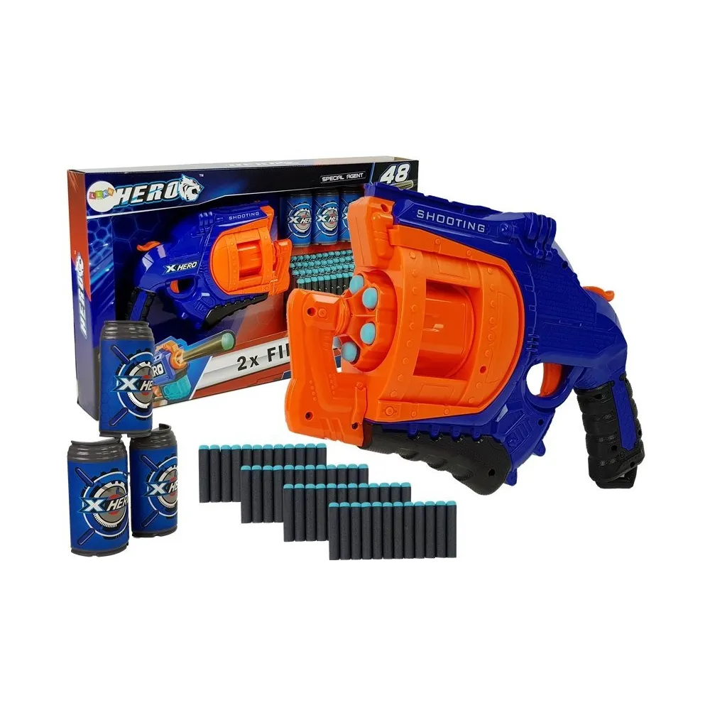 Pistolet na piankowe naboje z obrotowym magazynkiem w kolorze niebiesko-pomarańczowym