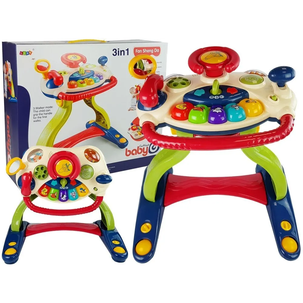 Chodzik interaktywny 3 w 1 z kierownicą dla niemowląt na białym tle