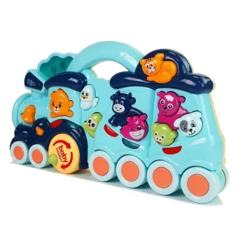 Niebieska lokomotywa edukacyjna z ruchomymi kółkami i światłami