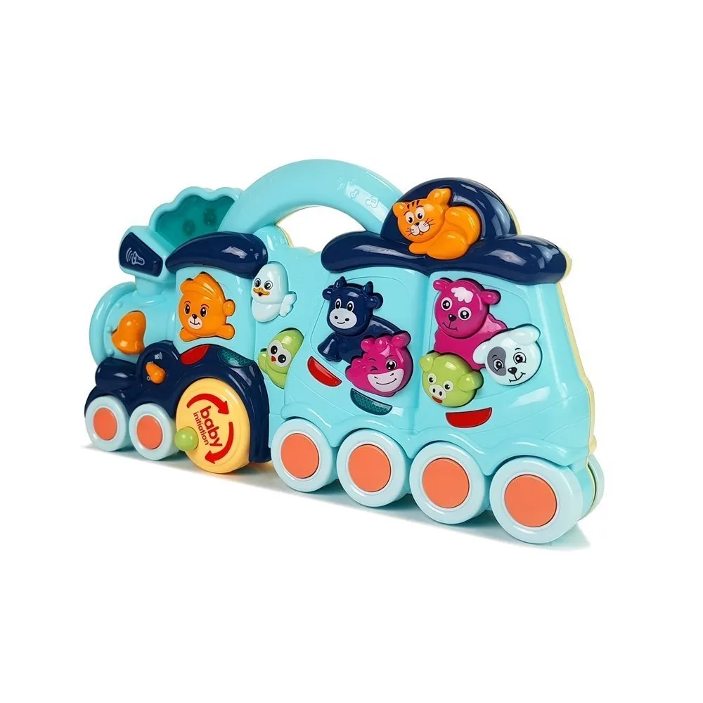 Niebieska lokomotywa edukacyjna z ruchomymi kółkami i światłami