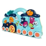 Niebieska lokomotywa edukacyjna z ruchomymi kółkami i światłami