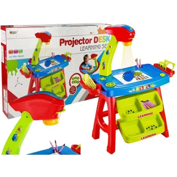 Stolik Edukacyjny Szufladki z Projektorem 36 Obrazków Kredki Szablony Niebiesko Czerwony